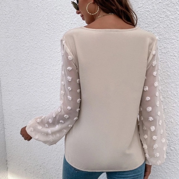 Long sleeve mesh polkadot v neck top tan cream khaki - Picture 2 of 6